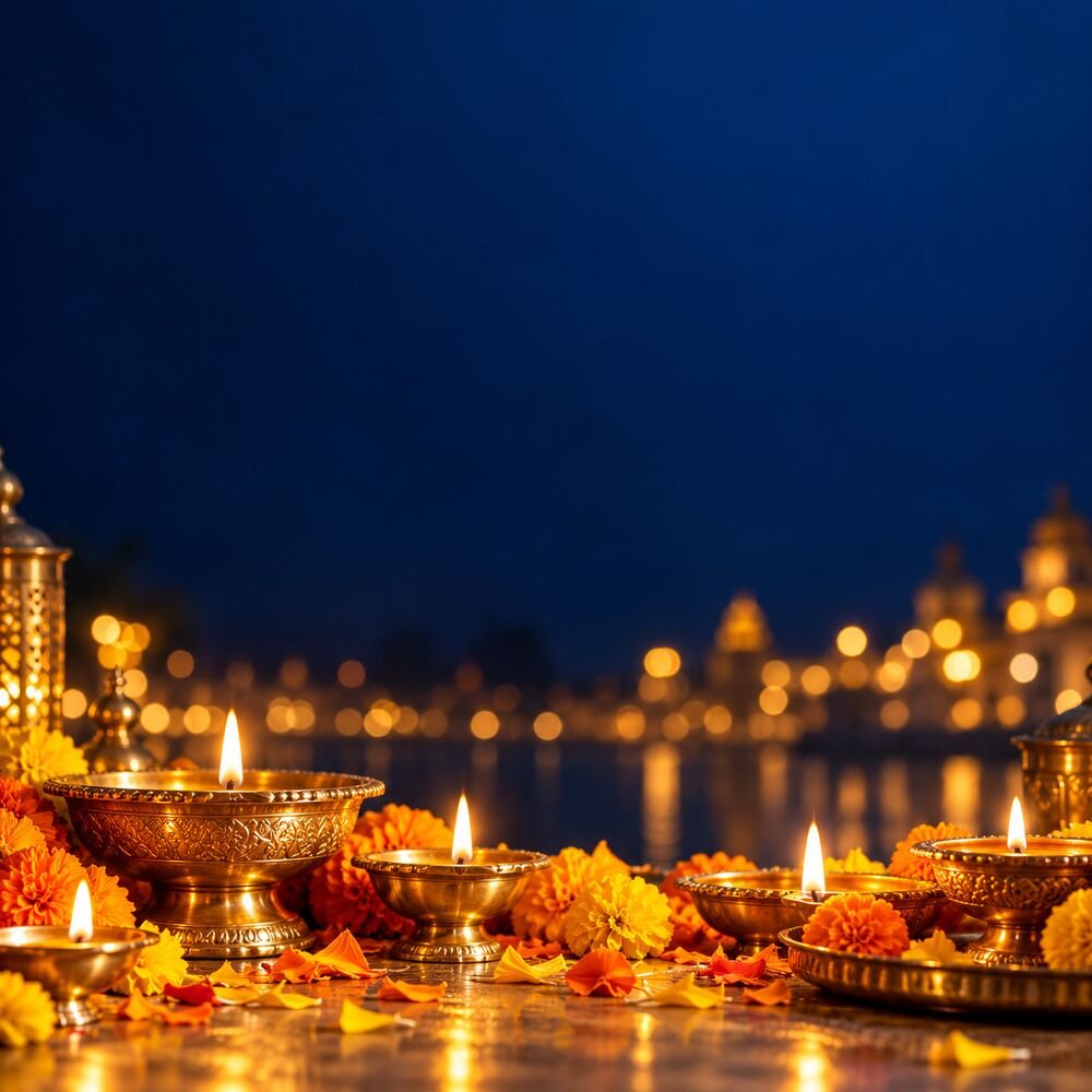 Diwali diyas and marigold flowers lit against a night sky
