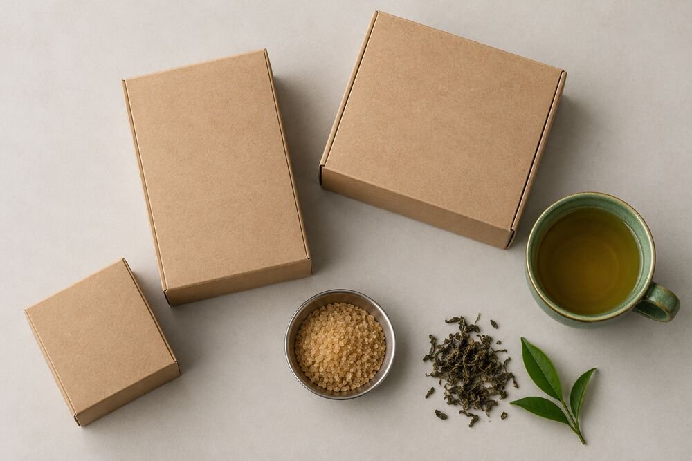 Kraft tea boxes, a bowl of sugar and a cup of tea