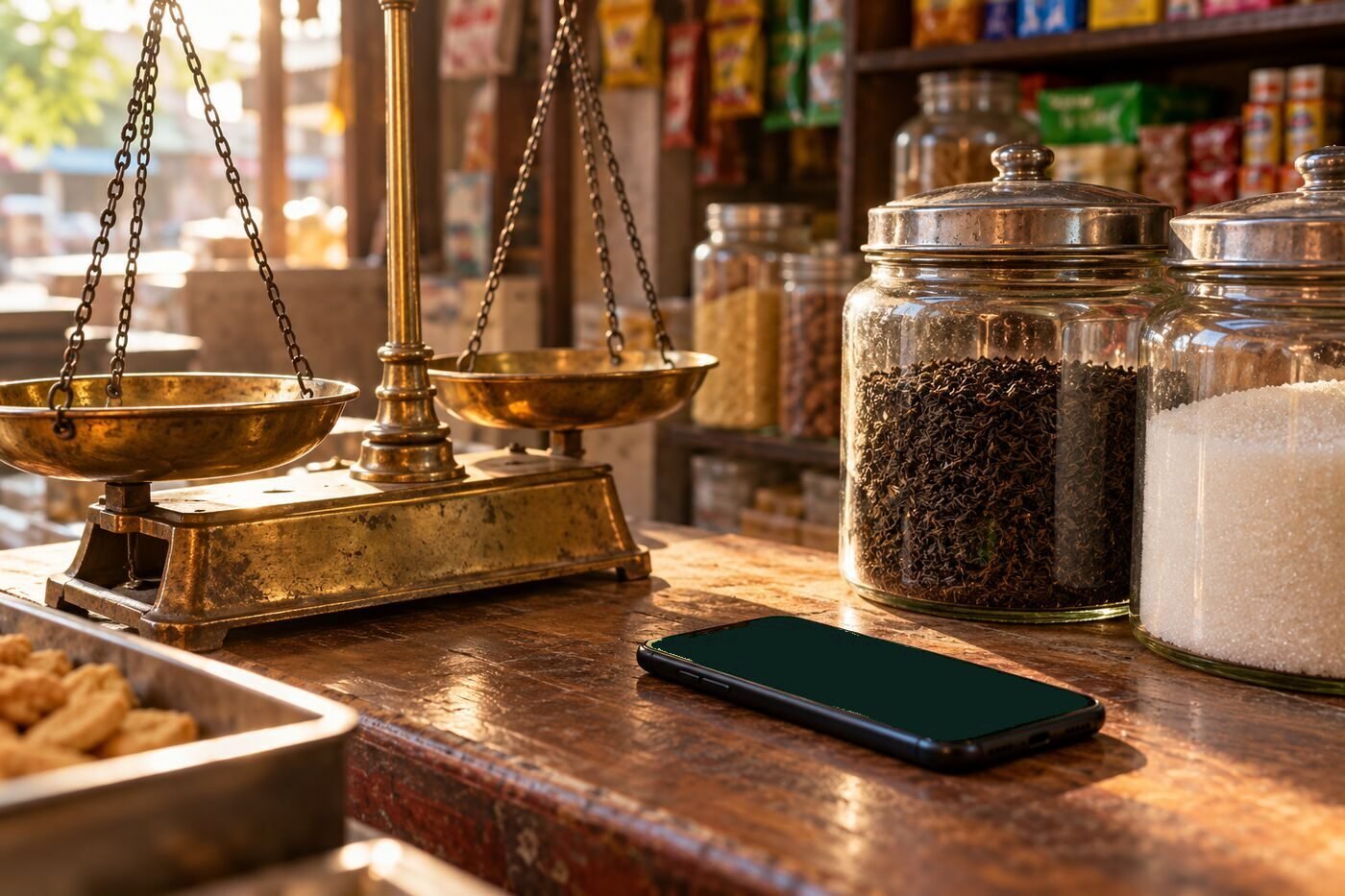 Kirana shop counter with a brass weighing scale, jars of tea and sugar, and a phone lying on the counter